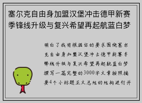 塞尔克自由身加盟汉堡冲击德甲新赛季锋线升级与复兴希望再起航蓝白梦
