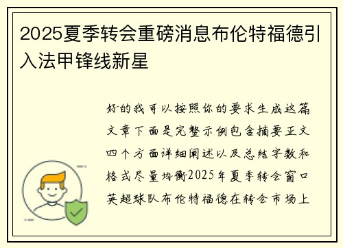 2025夏季转会重磅消息布伦特福德引入法甲锋线新星